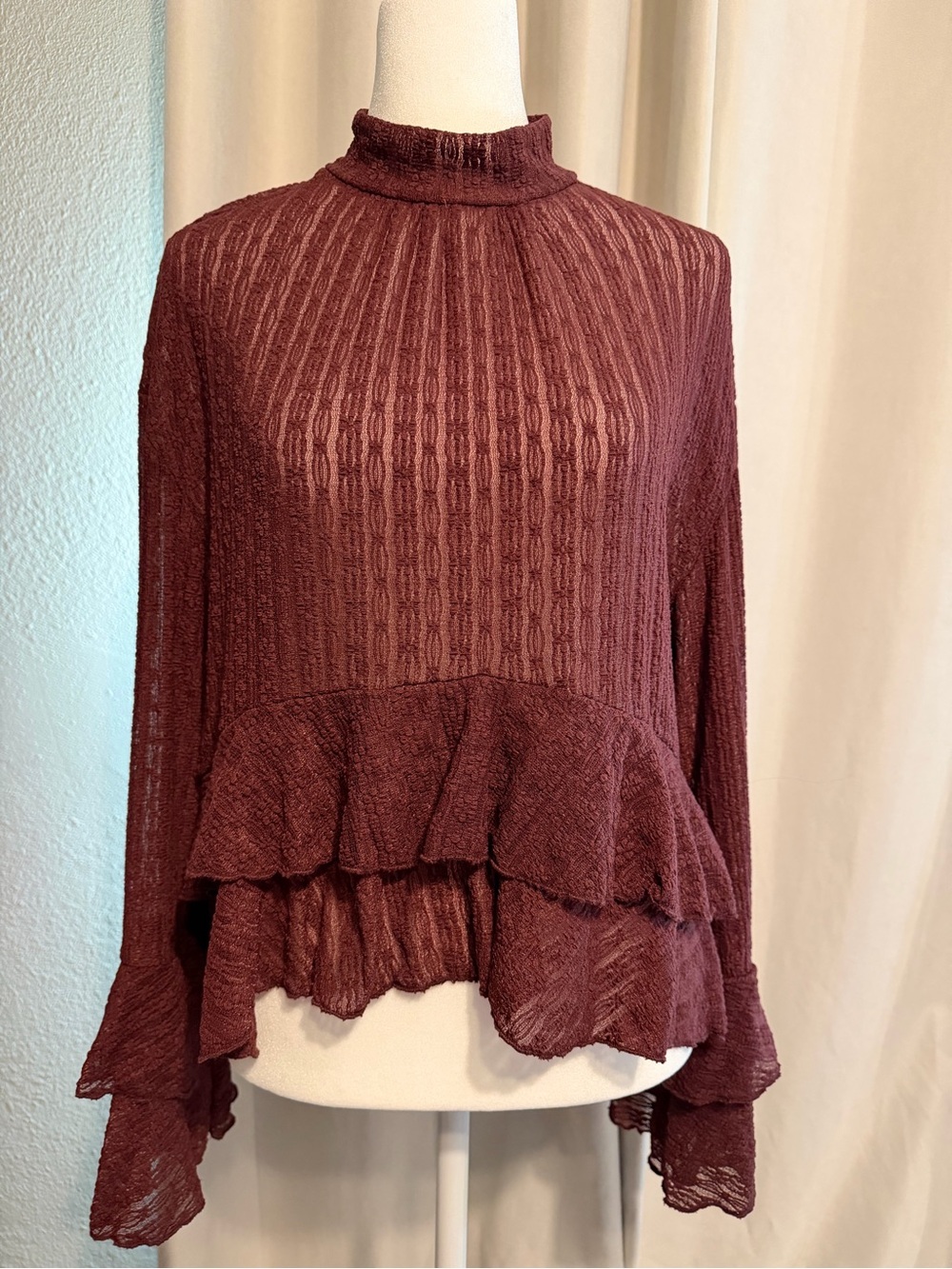 Aqua Burgundy (Chocolate) Ruffle-Hem Mock Neck Blouse
